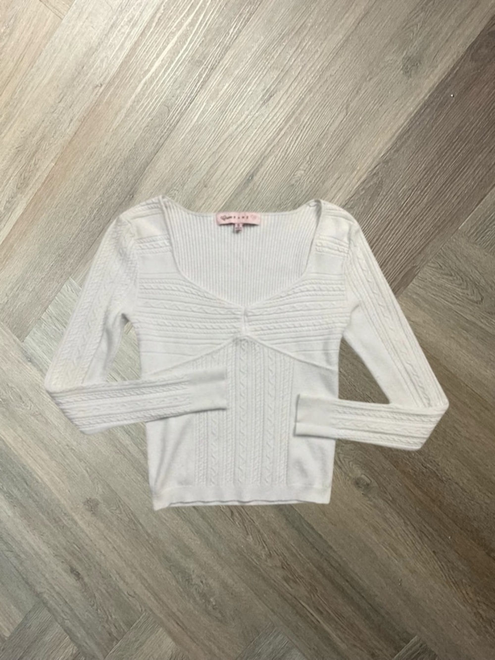 Crave Fame Cable Knit Sweetheart Long Sleeve Stretch Top Womens Small White